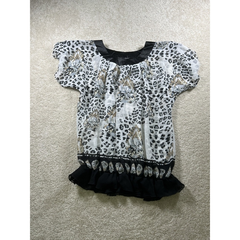 Madison Paige Shirt Womens Large Animal Print Ruffle Hem Sheer Short Sleeve Top